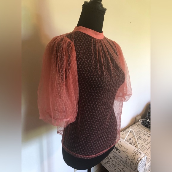 EUC; Top; Sheer; High Neckline; Diamond Pattern; Keyhole Back w/Button Closure - Picture 4 of 12